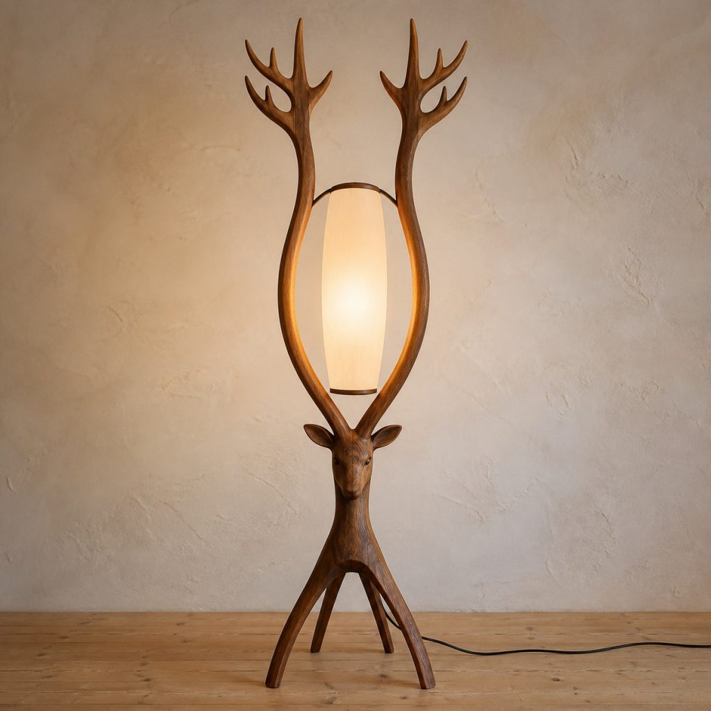 Twin-Antler Arch Floor Lamp shown as an original square photorealistic wooden deer lamp with authentic wood grain, recognizable animal form, and warm diffused light