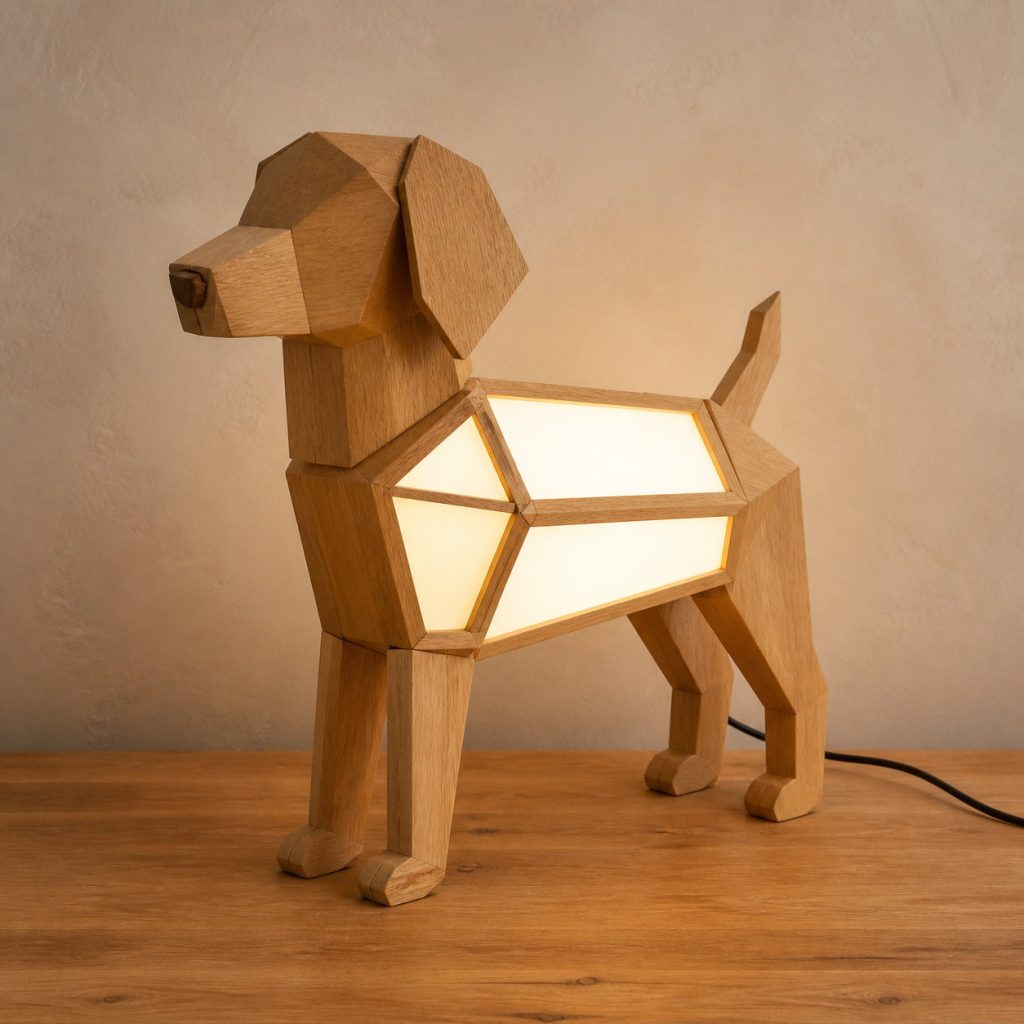 Faceted Standing Dog Lamp shown as an original square photorealistic wooden dog lamp with authentic wood grain, recognizable animal form, and warm diffused light