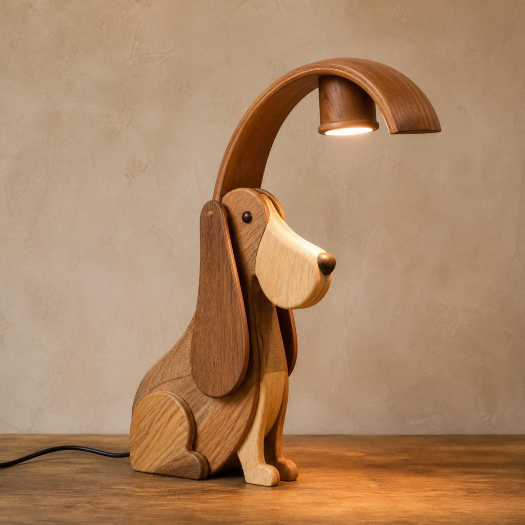 Long-Ear Dog Desk Lamp shown as an original square photorealistic wooden dog lamp with authentic wood grain, recognizable animal form, and warm diffused light
