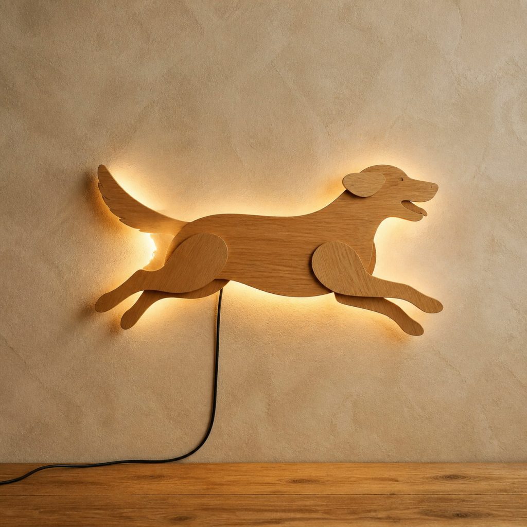 Running Dog Wall Sconce shown as an original square photorealistic wooden dog lamp with authentic wood grain, recognizable animal form, and warm diffused light