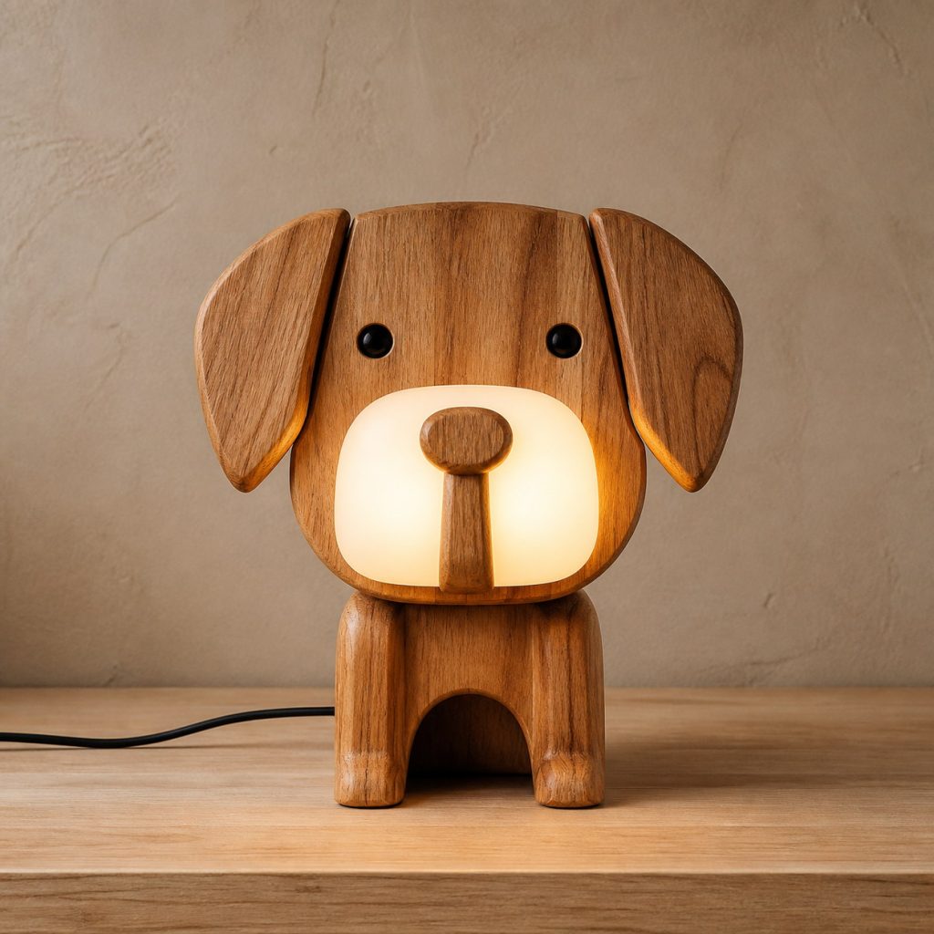 Dog Face Diffuser Lamp shown as an original square photorealistic wooden dog lamp with authentic wood grain, recognizable animal form, and warm diffused light