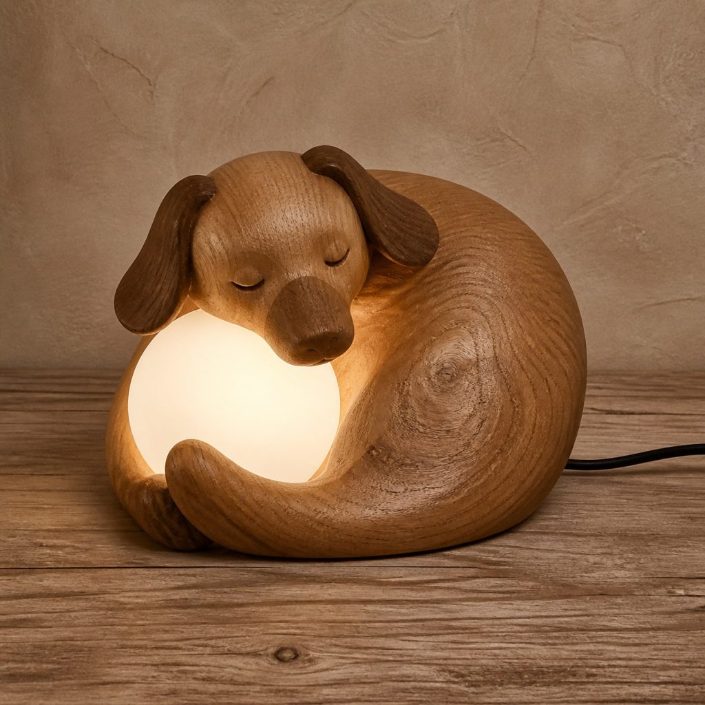 Sleeping Dog Orb Lamp shown as an original square photorealistic wooden dog lamp with authentic wood grain, recognizable animal form, and warm diffused light