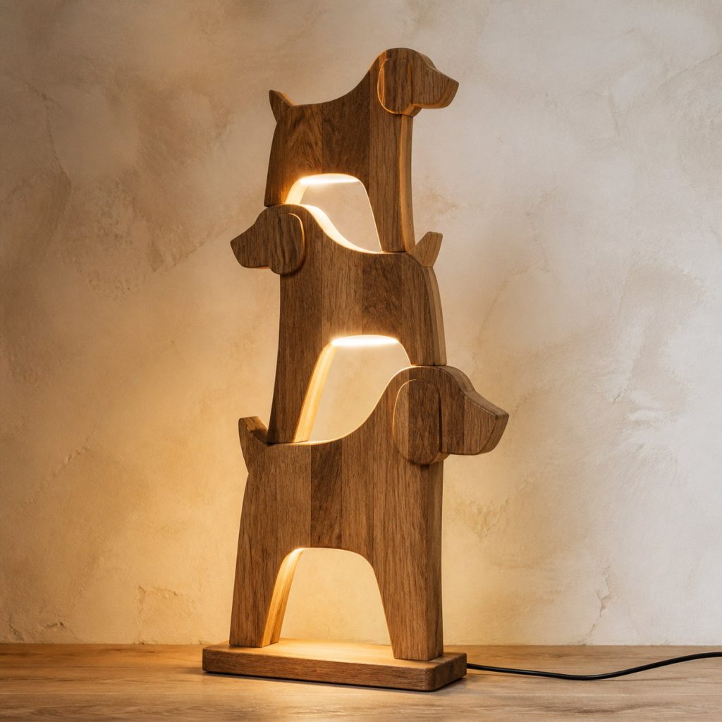 Stacked Dog Floor Lamp shown as an original square photorealistic wooden dog lamp with authentic wood grain, recognizable animal form, and warm diffused light