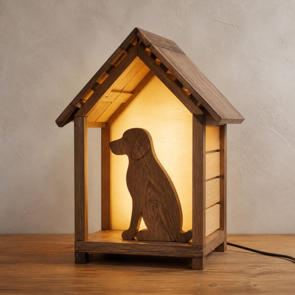 Dog-House Lantern Lamp shown as an original square photorealistic wooden dog lamp with authentic wood grain, recognizable animal form, and warm diffused light