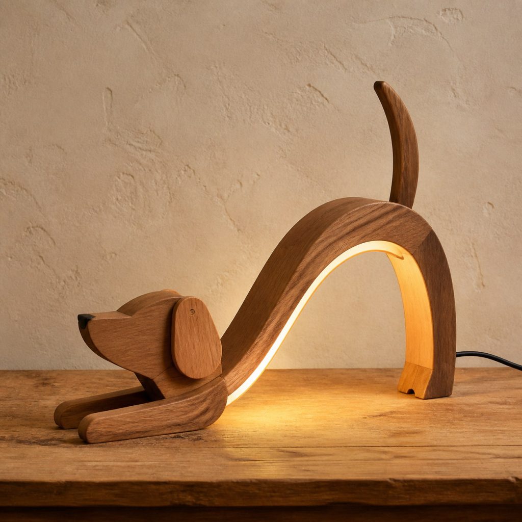 Play-Bow Dog Arch Lamp shown as an original square photorealistic wooden dog lamp with authentic wood grain, recognizable animal form, and warm diffused light