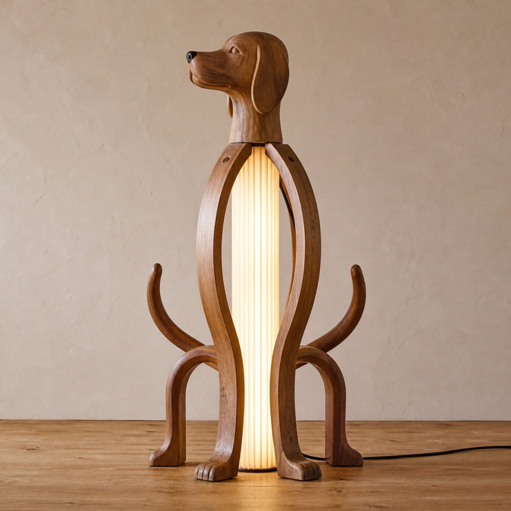 Twin-Tail Dog Floor Lamp shown as an original square photorealistic wooden dog lamp with authentic wood grain, recognizable animal form, and warm diffused light