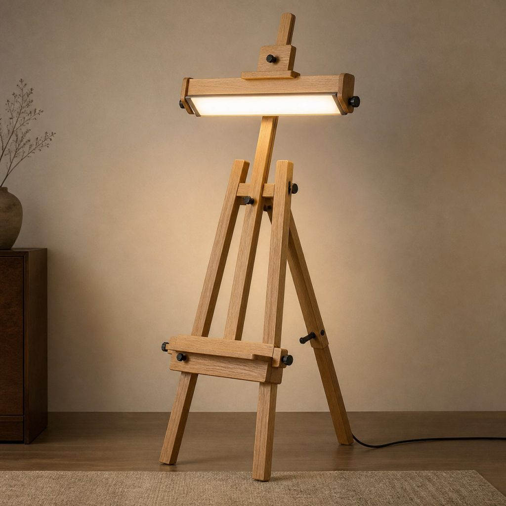 Oak Artist-Easel Floor Lamp shown as an original square photorealistic wooden easel lamp with believable joinery, warm diffused light, and protected hardware