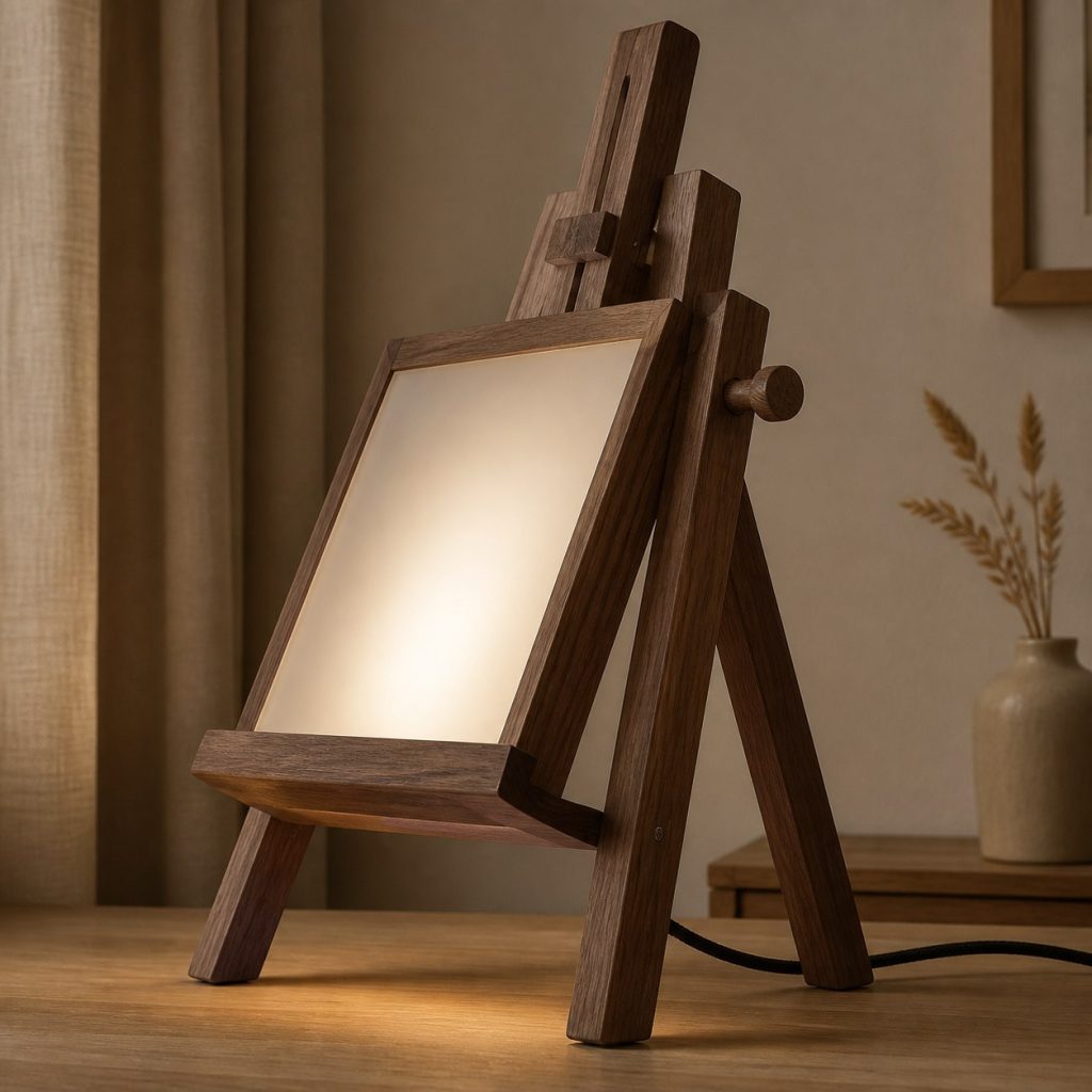 Walnut Mini-Easel Lamp shown as an original square photorealistic wooden easel lamp with believable joinery, warm diffused light, and protected hardware