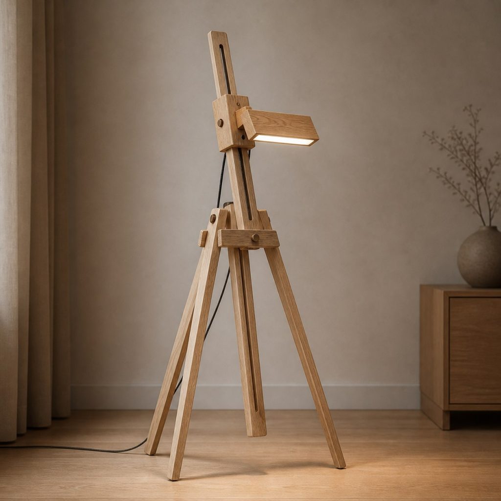 Ash Tripod Easel Reading Lamp shown as an original square photorealistic wooden easel lamp with believable joinery, warm diffused light, and protected hardware