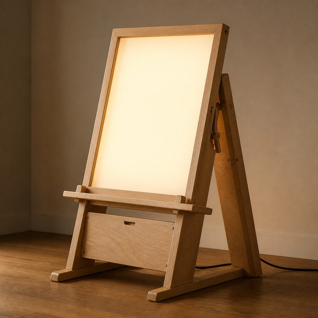Maple Gallery-Easel Lamp shown as an original square photorealistic wooden easel lamp with believable joinery, warm diffused light, and protected hardware