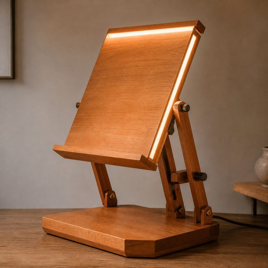 Cherry Drafting-Easel Lamp shown as an original square photorealistic wooden easel lamp with believable joinery, warm diffused light, and protected hardware