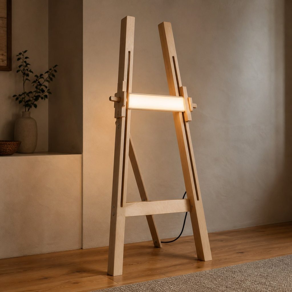Plywood H-Frame Easel Lamp shown as an original square photorealistic wooden easel lamp with believable joinery, warm diffused light, and protected hardware