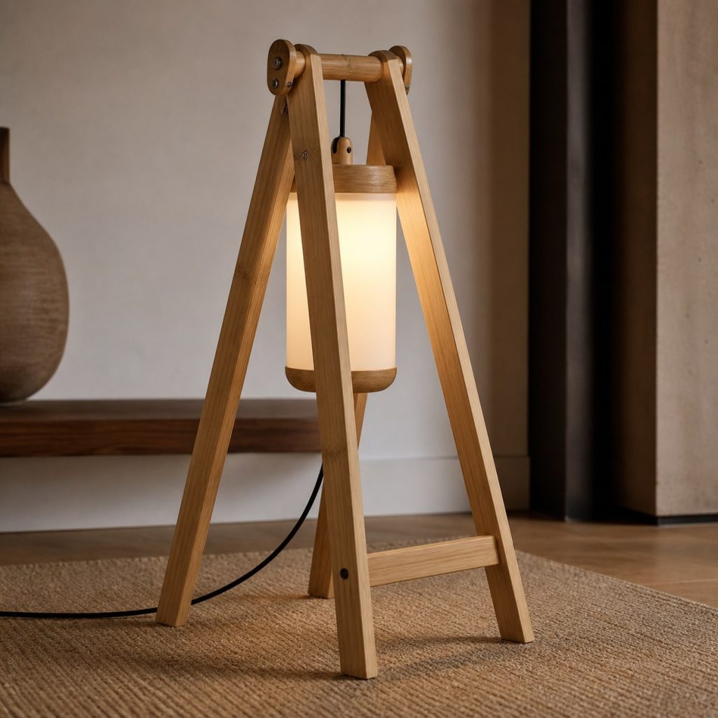 Bamboo Folding Easel Lantern shown as an original square photorealistic wooden easel lamp with believable joinery, warm diffused light, and protected hardware