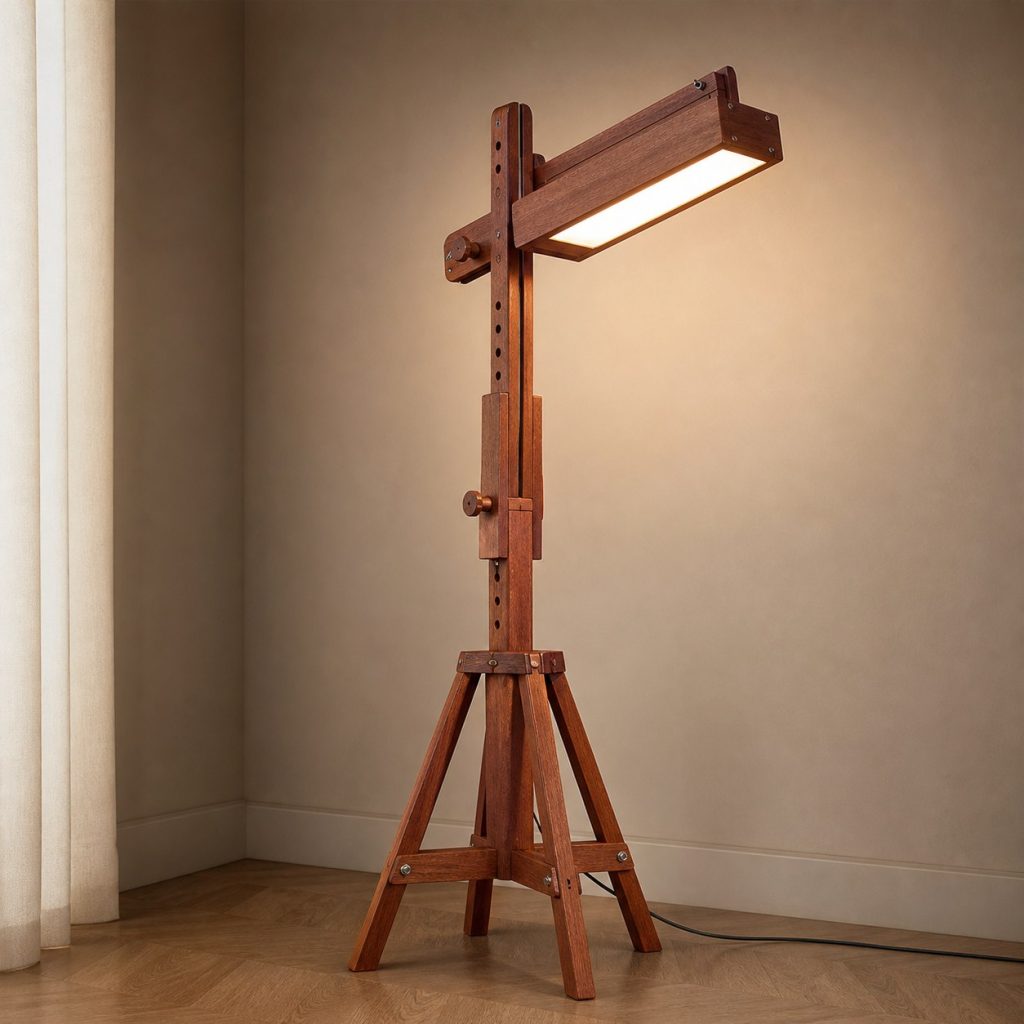Sapele Sculptor-Easel Uplight shown as an original square photorealistic wooden easel lamp with believable joinery, warm diffused light, and protected hardware