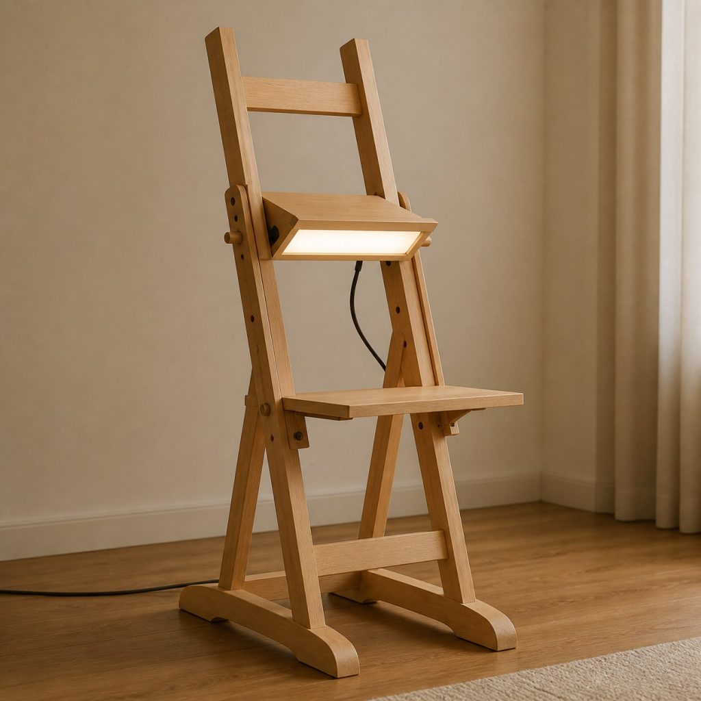 Beech Ladder-Easel Lamp shown as an original square photorealistic wooden easel lamp with believable joinery, warm diffused light, and protected hardware