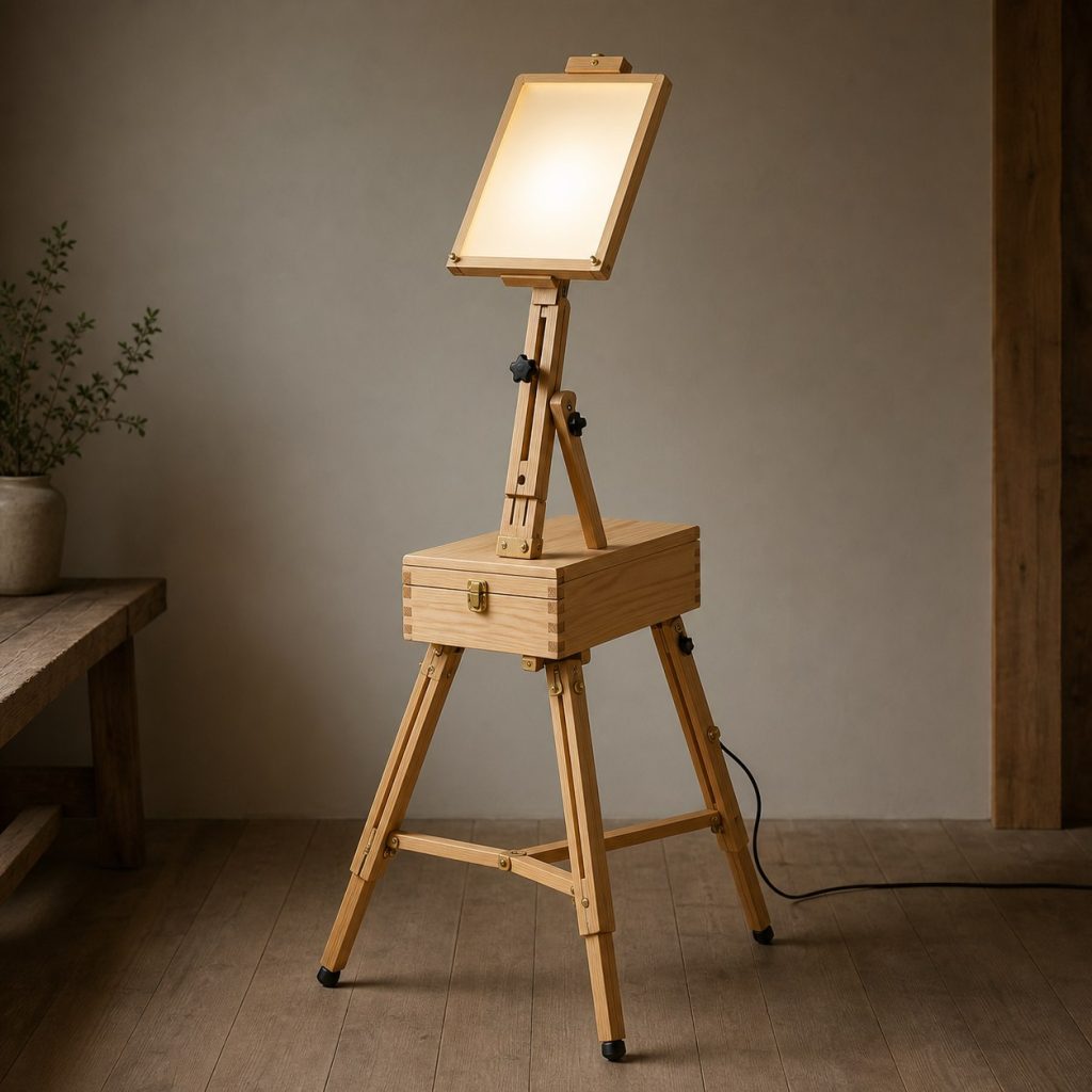 Pine Box-Easel Lamp shown as an original square photorealistic wooden easel lamp with believable joinery, warm diffused light, and protected hardware
