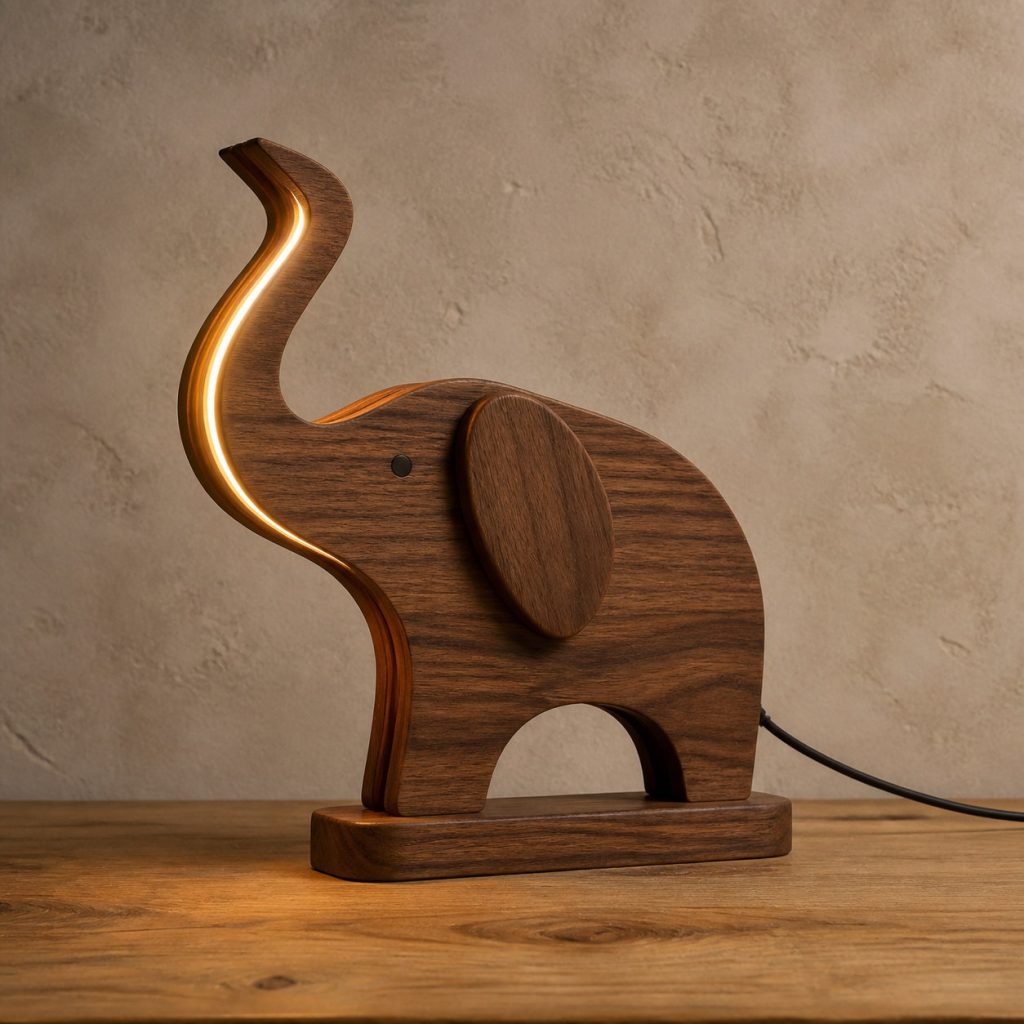 Elephant Profile-Line Lamp shown as an original square photorealistic wooden elephant lamp with authentic wood grain, recognizable animal form, and warm diffused light