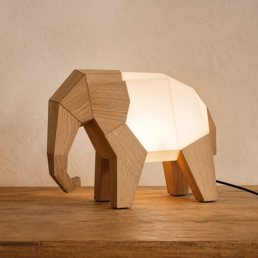 Faceted Elephant Glow Lamp shown as an original square photorealistic wooden elephant lamp with authentic wood grain, recognizable animal form, and warm diffused light