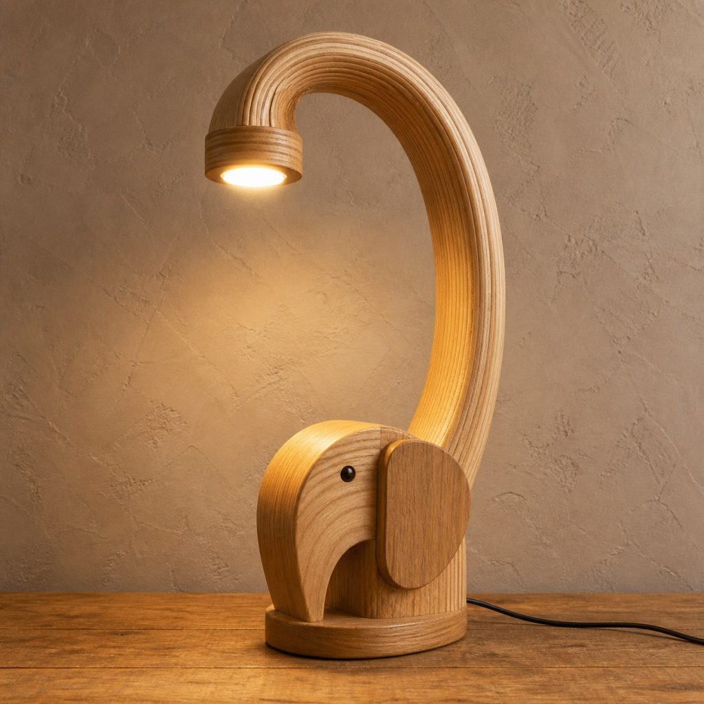 Elephant Trunk-Arch Desk Lamp shown as an original square photorealistic wooden elephant lamp with authentic wood grain, recognizable animal form, and warm diffused light
