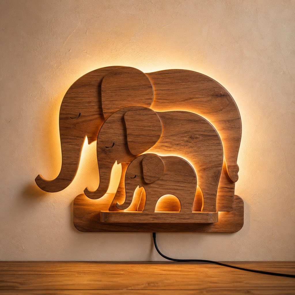 Elephant Family Wall Sconce shown as an original square photorealistic wooden elephant lamp with authentic wood grain, recognizable animal form, and warm diffused light