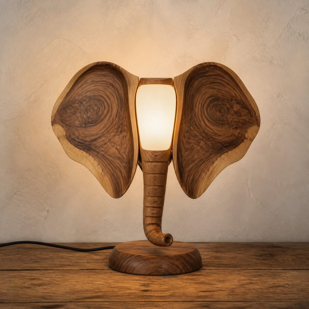 Elephant Ear-Shade Lamp shown as an original square photorealistic wooden elephant lamp with authentic wood grain, recognizable animal form, and warm diffused light