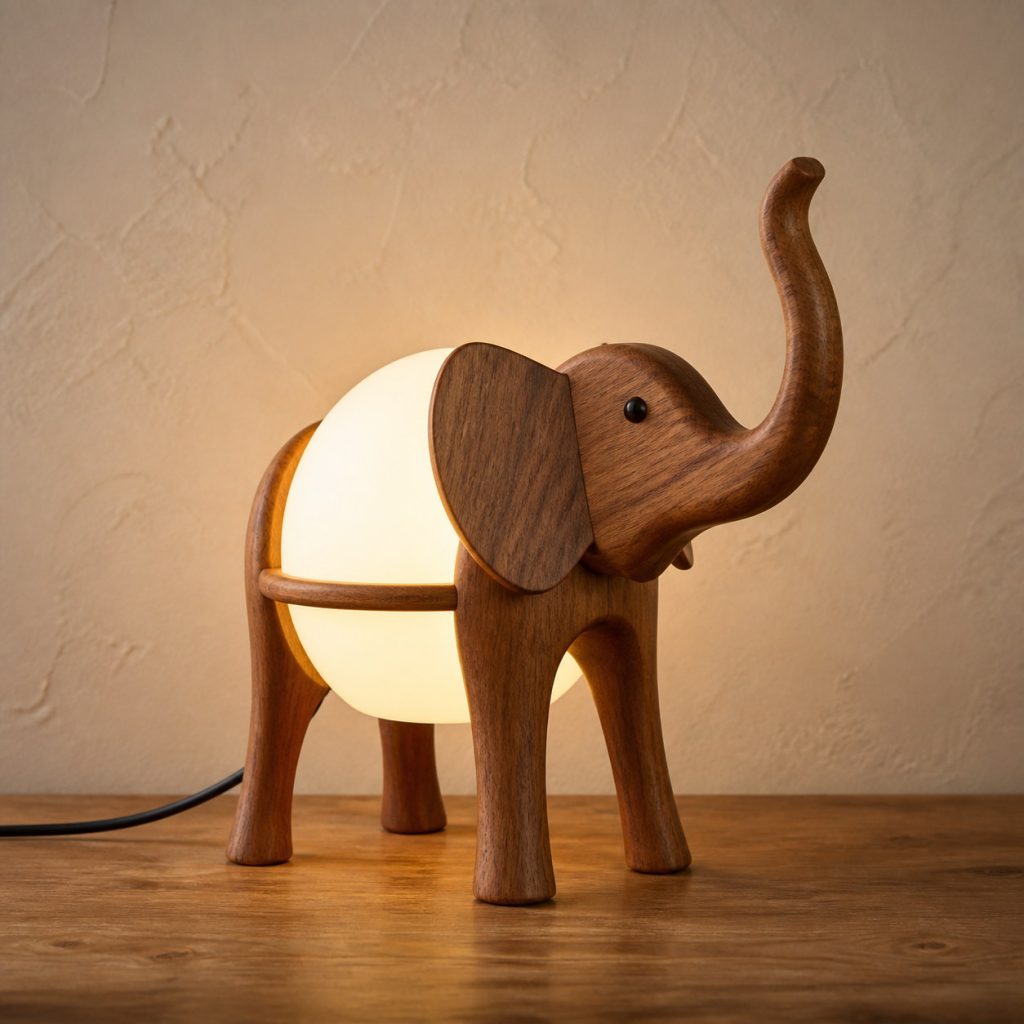 Standing Elephant Globe Lamp shown as an original square photorealistic wooden elephant lamp with authentic wood grain, recognizable animal form, and warm diffused light