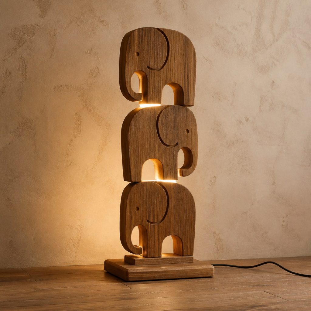 Stacked Elephant Floor Lamp shown as an original square photorealistic wooden elephant lamp with authentic wood grain, recognizable animal form, and warm diffused light
