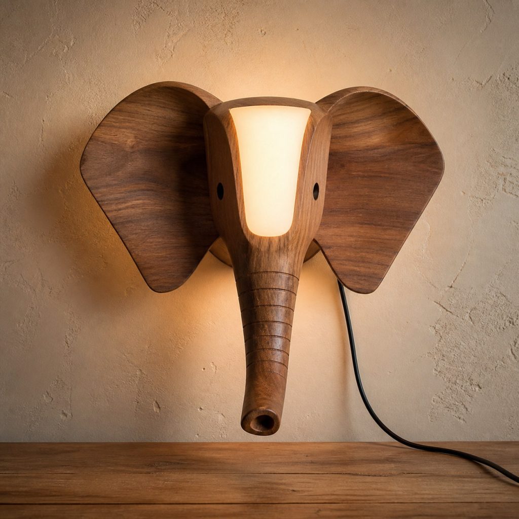 Elephant Head Wall Sconce shown as an original square photorealistic wooden elephant lamp with authentic wood grain, recognizable animal form, and warm diffused light