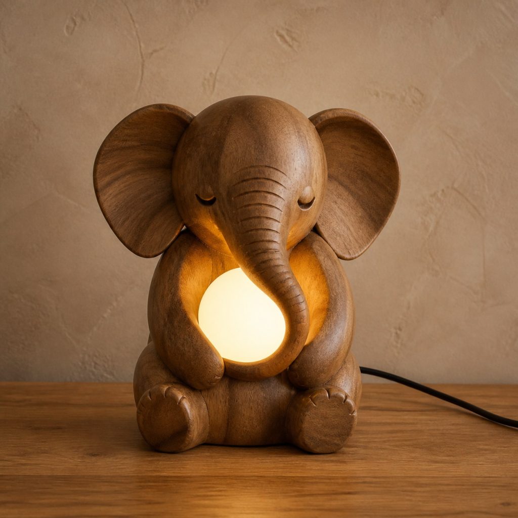 Baby Elephant Orb Lamp shown as an original square photorealistic wooden elephant lamp with authentic wood grain, recognizable animal form, and warm diffused light