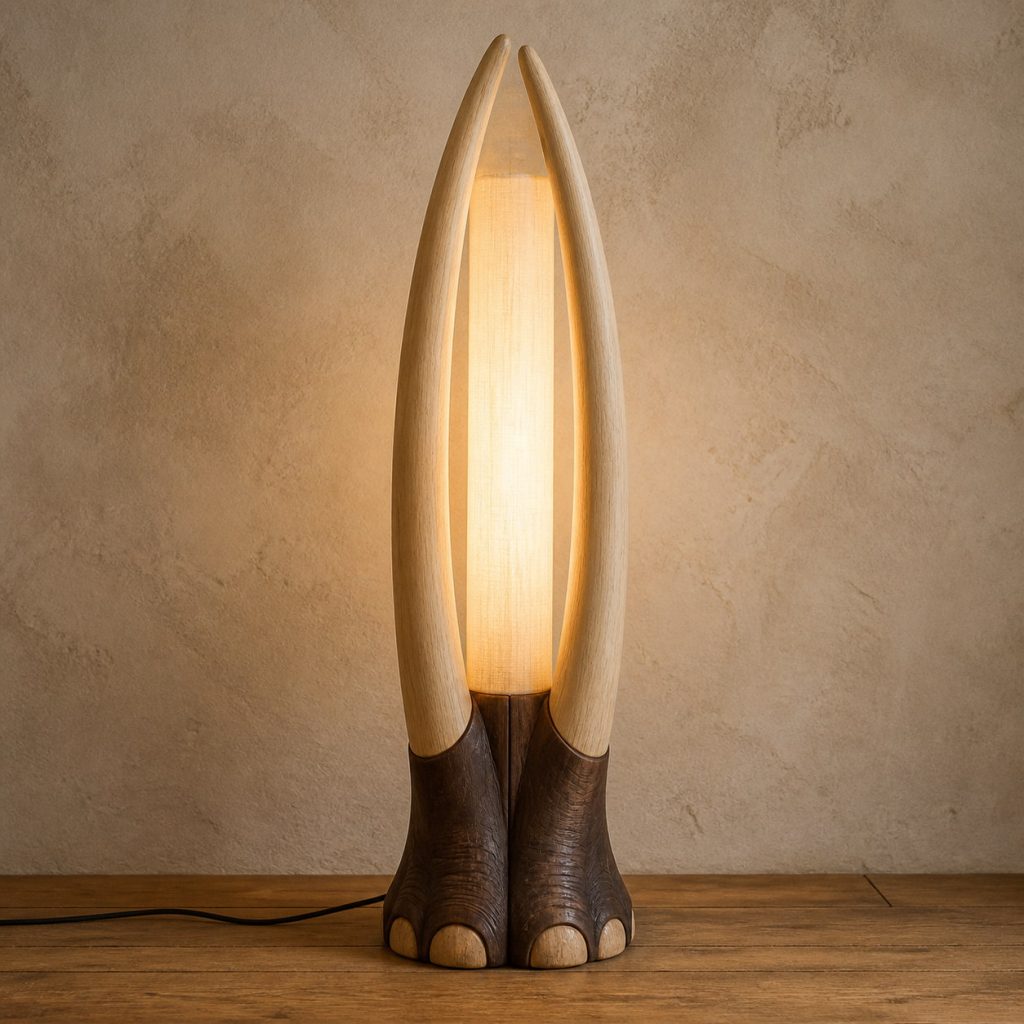 Elephant Tusk-Arch Floor Lamp shown as an original square photorealistic wooden elephant lamp with authentic wood grain, recognizable animal form, and warm diffused light