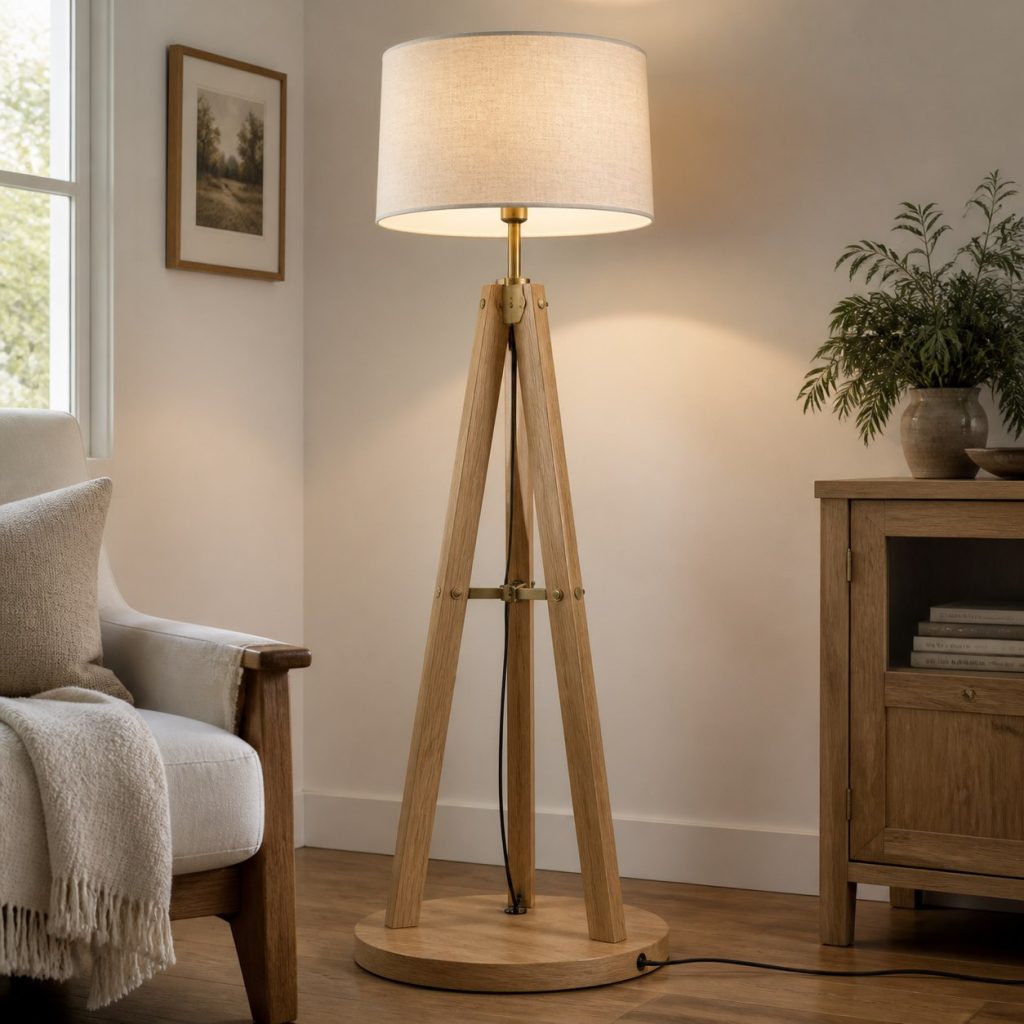 White-Oak Tripod Floor Lamp shown as a square photorealistic original wooden floor lamp with warm LED light and visible real wood grain