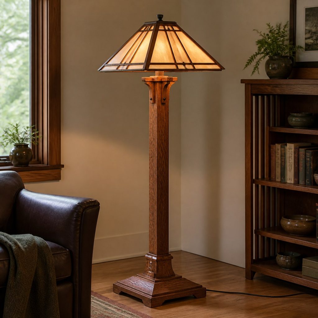 Mission Oak Floor Lamp shown as a square photorealistic original wooden floor lamp with warm LED light and visible real wood grain