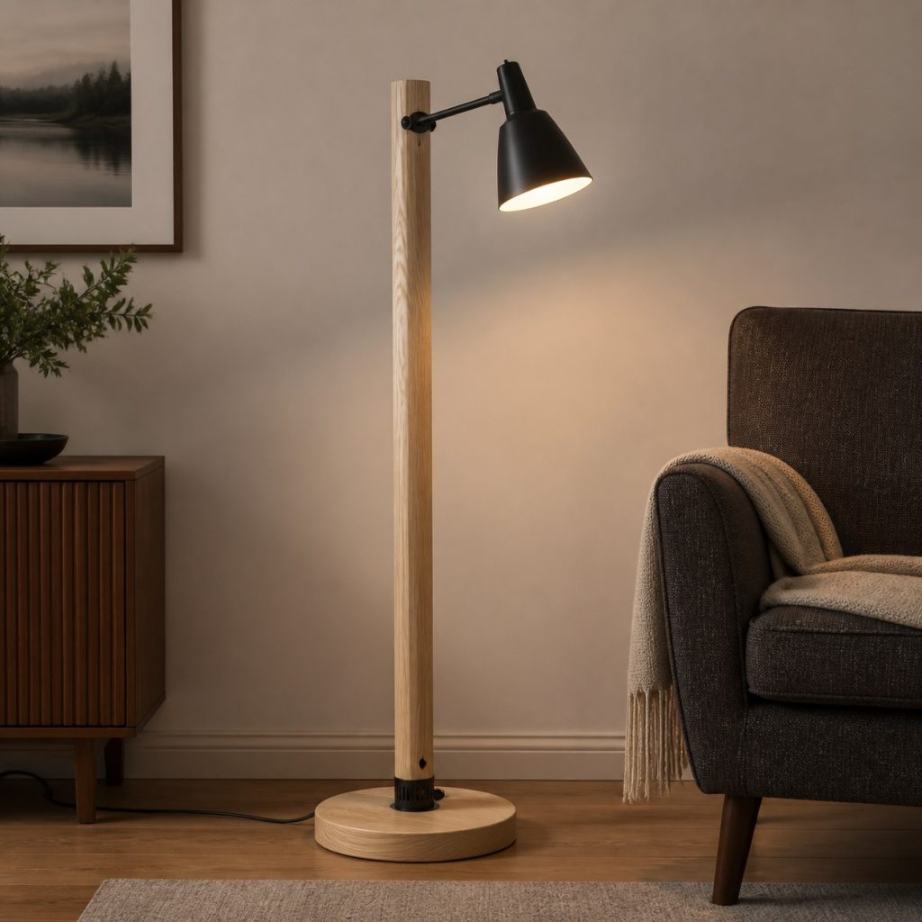 Minimal Ash Reading Lamp shown as a square photorealistic original wooden floor lamp with warm LED light and visible real wood grain