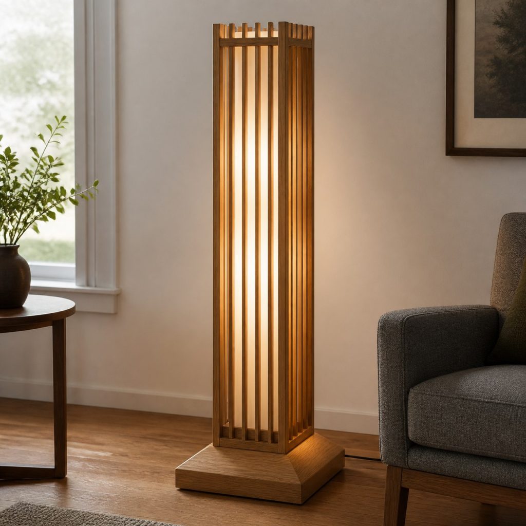 Slatted Oak Lantern Floor Lamp shown as a square photorealistic original wooden floor lamp with warm LED light and visible real wood grain