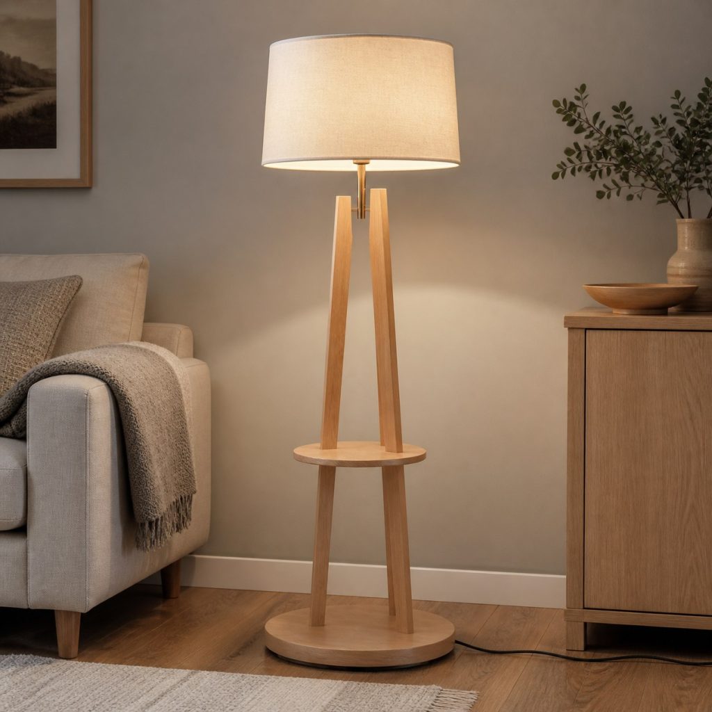 Scandinavian Beech Shelf Lamp shown as a square photorealistic original wooden floor lamp with warm LED light and visible real wood grain