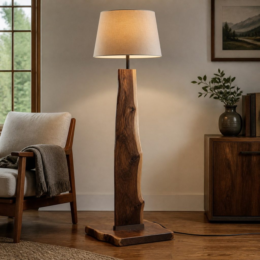 Live-Edge Walnut Floor Lamp shown as a square photorealistic original wooden floor lamp with warm LED light and visible real wood grain