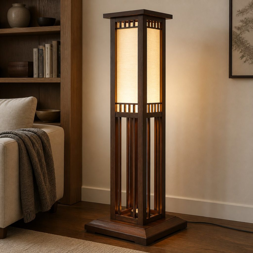 Japanese-Inspired Floor Lantern shown as a square photorealistic original wooden floor lamp with warm LED light and visible real wood grain