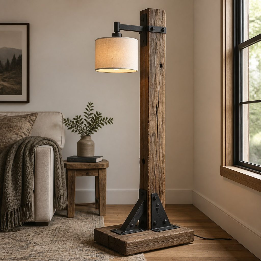 Reclaimed-Beam Floor Lamp shown as a square photorealistic original wooden floor lamp with warm LED light and visible real wood grain