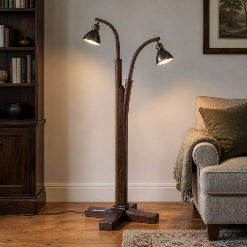 Two-Arm Walnut Reading Lamp shown as a square photorealistic original wooden floor lamp with warm LED light and visible real wood grain