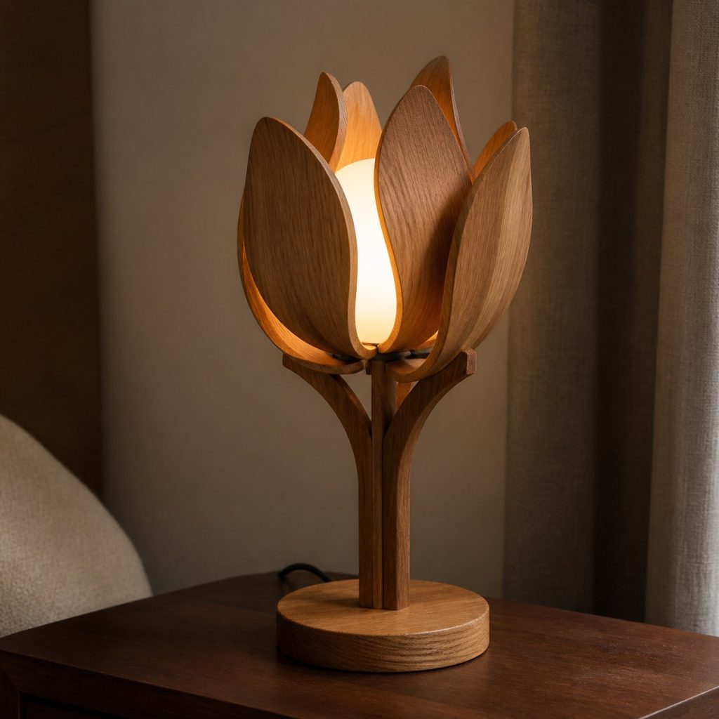 Oak Diffused-Petal Lamp shown as an original square photorealistic wooden flower-inspired lamp with authentic wood grain, warm diffused light, and a short dark power cord