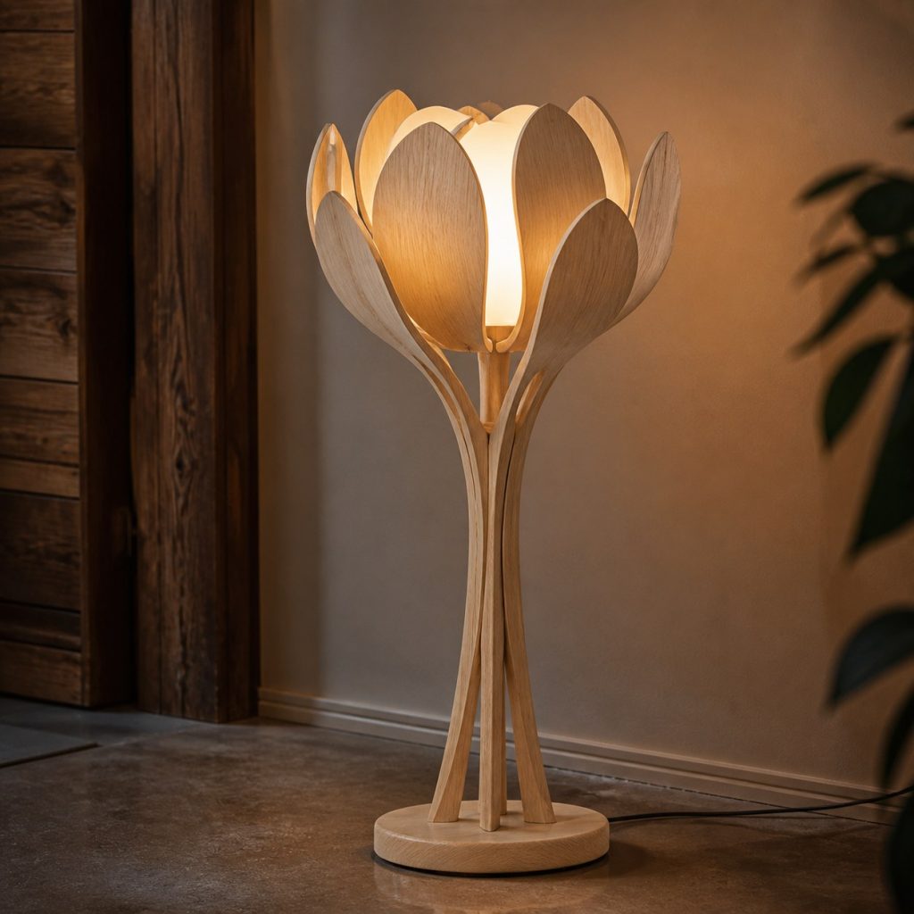 Bent Ash Flower Lamp shown as an original square photorealistic wooden flower-inspired lamp with authentic wood grain, warm diffused light, and a short dark power cord