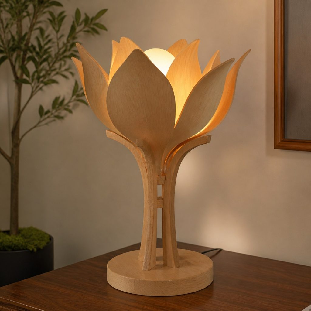 Carved Maple Flower Lamp shown as an original square photorealistic wooden flower-inspired lamp with authentic wood grain, warm diffused light, and a short dark power cord