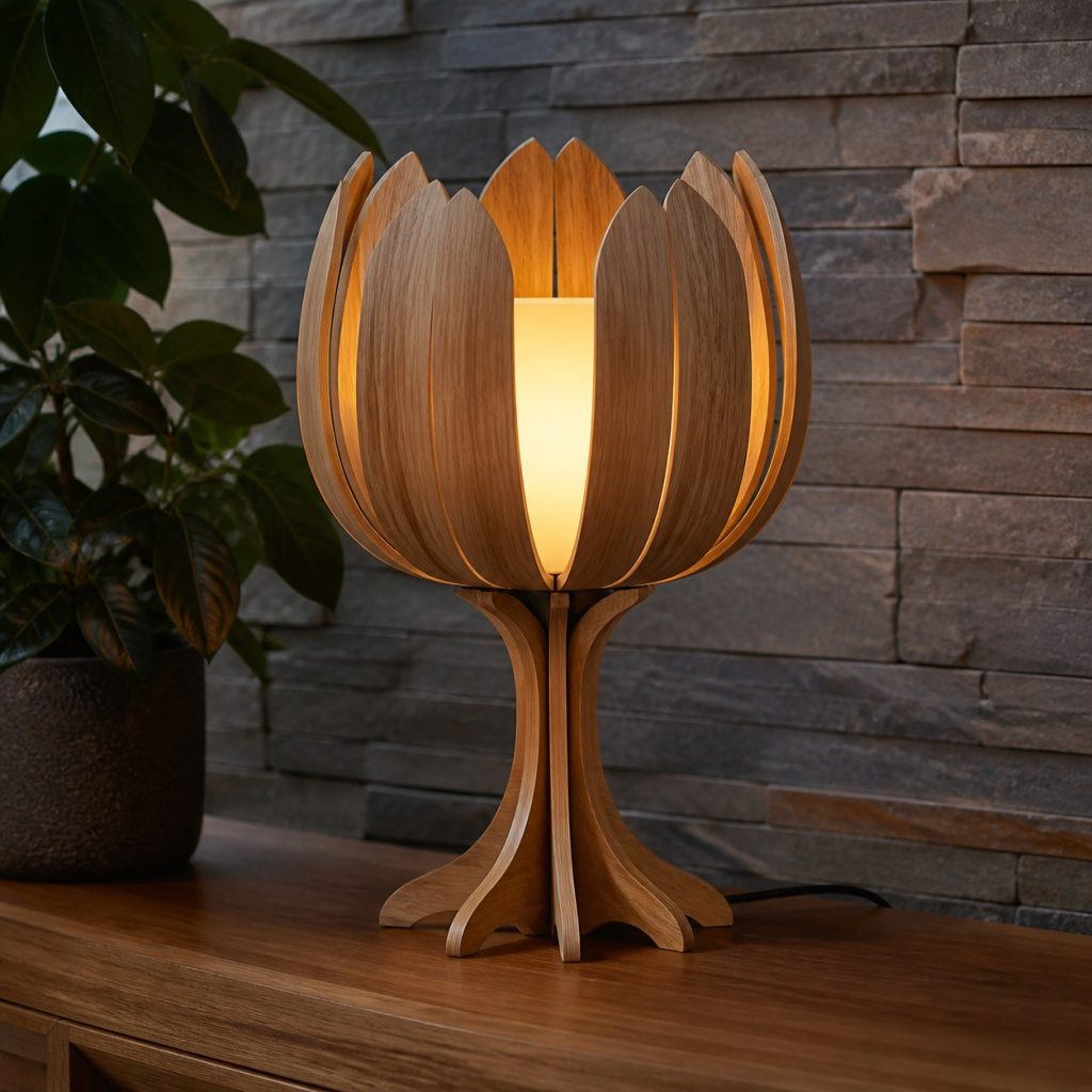 Slatted Cedar Blossom Lantern shown as an original square photorealistic wooden flower-inspired lamp with authentic wood grain, warm diffused light, and a short dark power cord