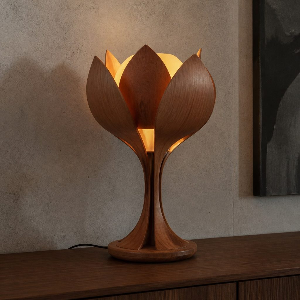 Cherry Petal Console Lamp shown as an original square photorealistic wooden flower-inspired lamp with authentic wood grain, warm diffused light, and a short dark power cord