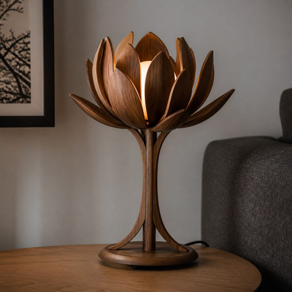 Open-Ring Walnut Flower Lamp shown as an original square photorealistic wooden flower-inspired lamp with authentic wood grain, warm diffused light, and a short dark power cord