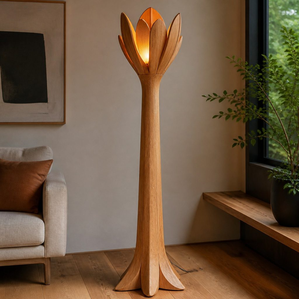 Tall Oak Flower Floor Lamp shown as an original square photorealistic wooden flower-inspired lamp with authentic wood grain, warm diffused light, and a short dark power cord