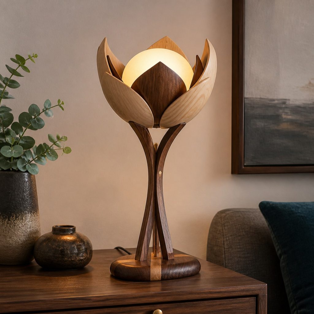 Maple and Walnut Blossom Lamp shown as an original square photorealistic wooden flower-inspired lamp with authentic wood grain, warm diffused light, and a short dark power cord