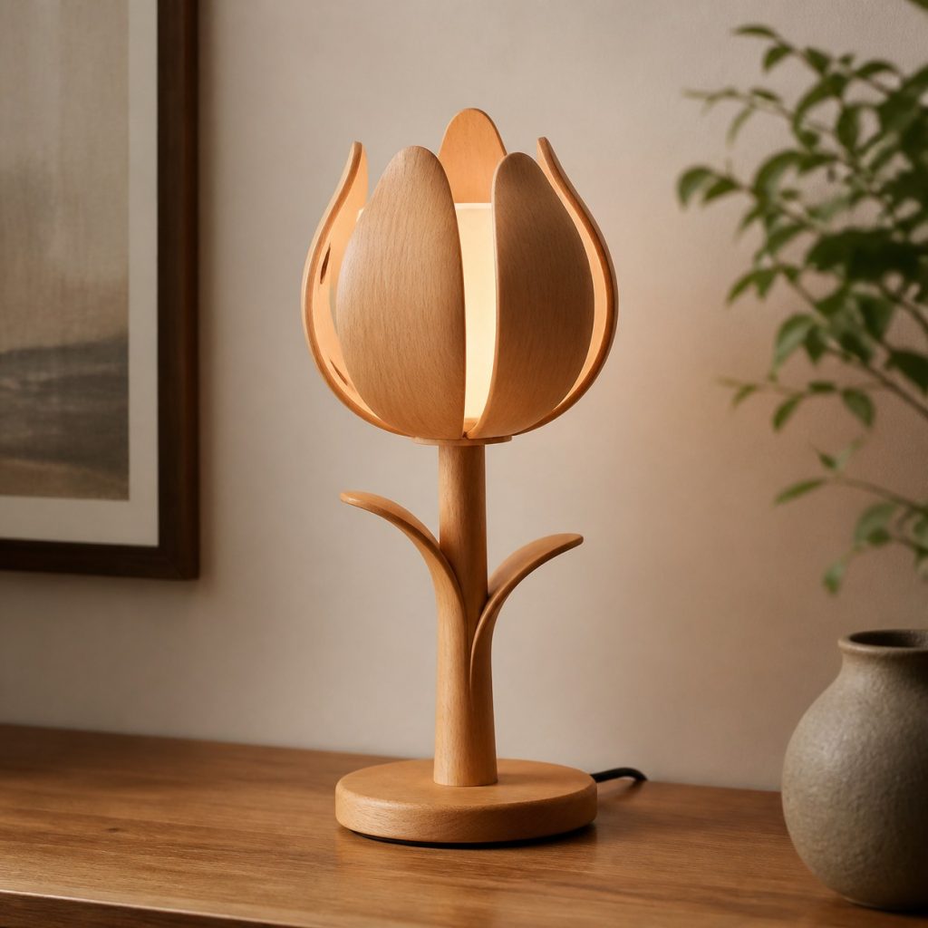 Compact Beech Flower Lamp shown as an original square photorealistic wooden flower-inspired lamp with authentic wood grain, warm diffused light, and a short dark power cord