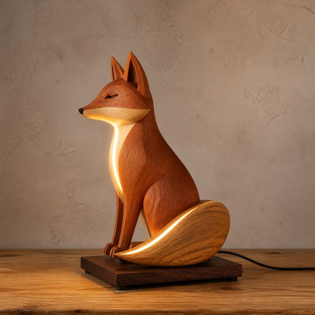 Seated Fox Profile Lamp shown as an original square photorealistic wooden fox lamp with authentic wood grain, recognizable animal form, and warm diffused light