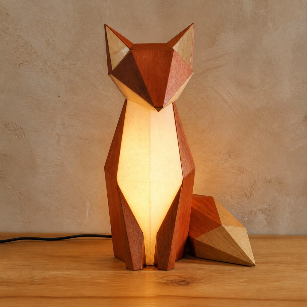 Faceted Fox Glow Lamp shown as an original square photorealistic wooden fox lamp with authentic wood grain, recognizable animal form, and warm diffused light